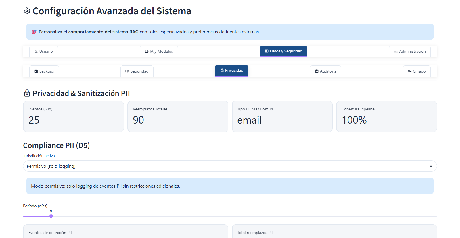 Panel avanzado de privacidad con configuración de sanitización PII y modo offline